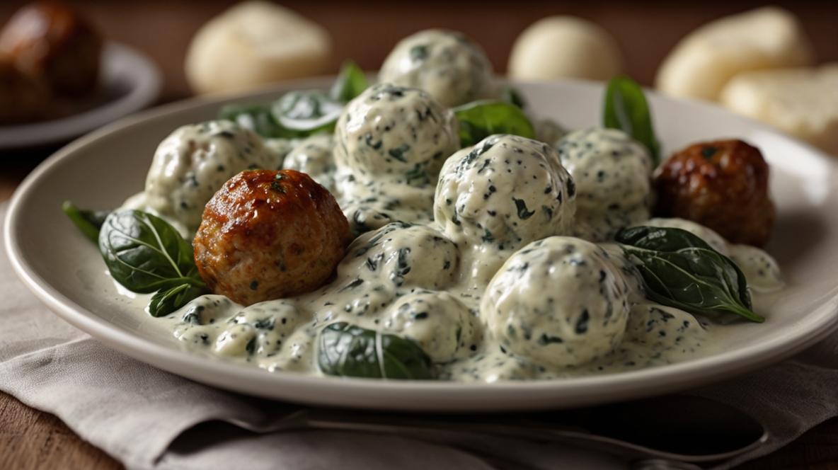 Chicken Ricotta Meatballs in Spinach Alfredo