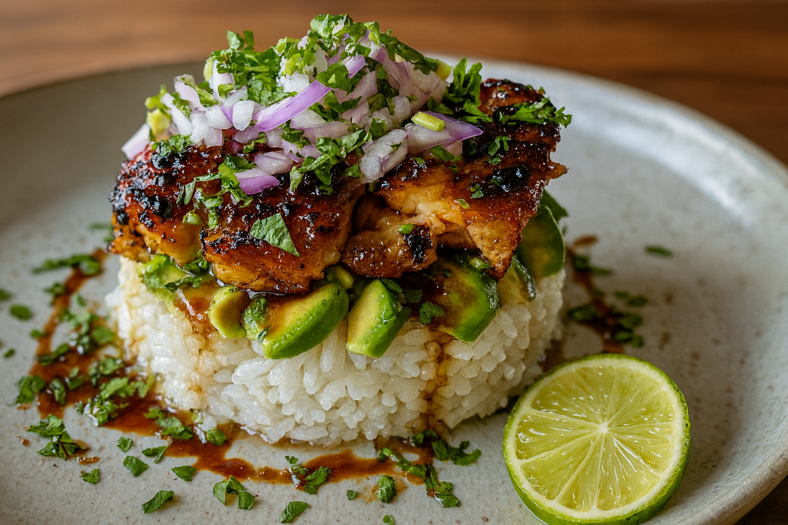Honey Lime Chicken and Avocado Rice Stack