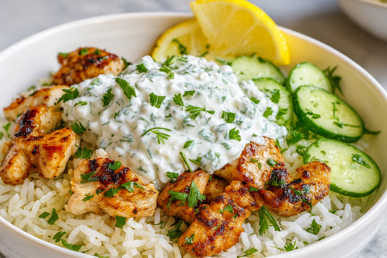 Dump and Bake Chicken Tzatziki with Rice