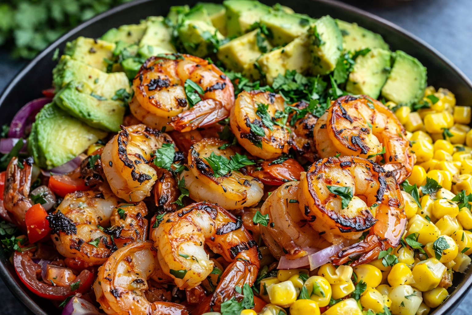 Avocado Corn Salad with Grilled Shrimp